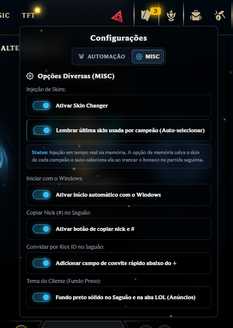 Menu MISC e Skin Changer